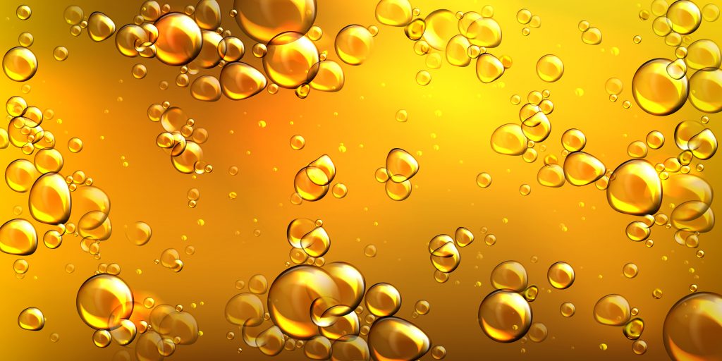 Yellow oil with air bubbles. Vector realistic underwater background of liquid argan, jojoba, castor or fish oil with glossy drops. Golden pattern of flowing bubbles in orange honey